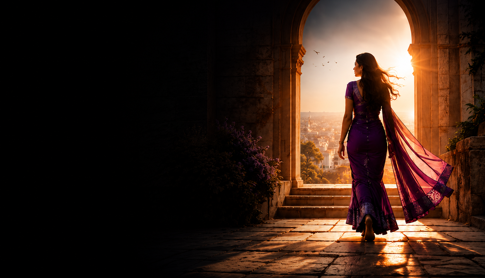 Woman in purple saree standing in archway looking toward a golden cityscape